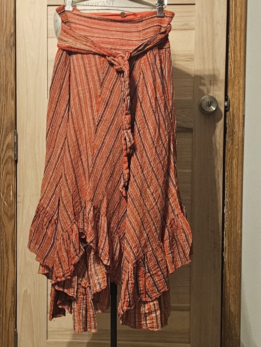 Free People Orange Striped High-Low Tiered Skirt with Waist Tie